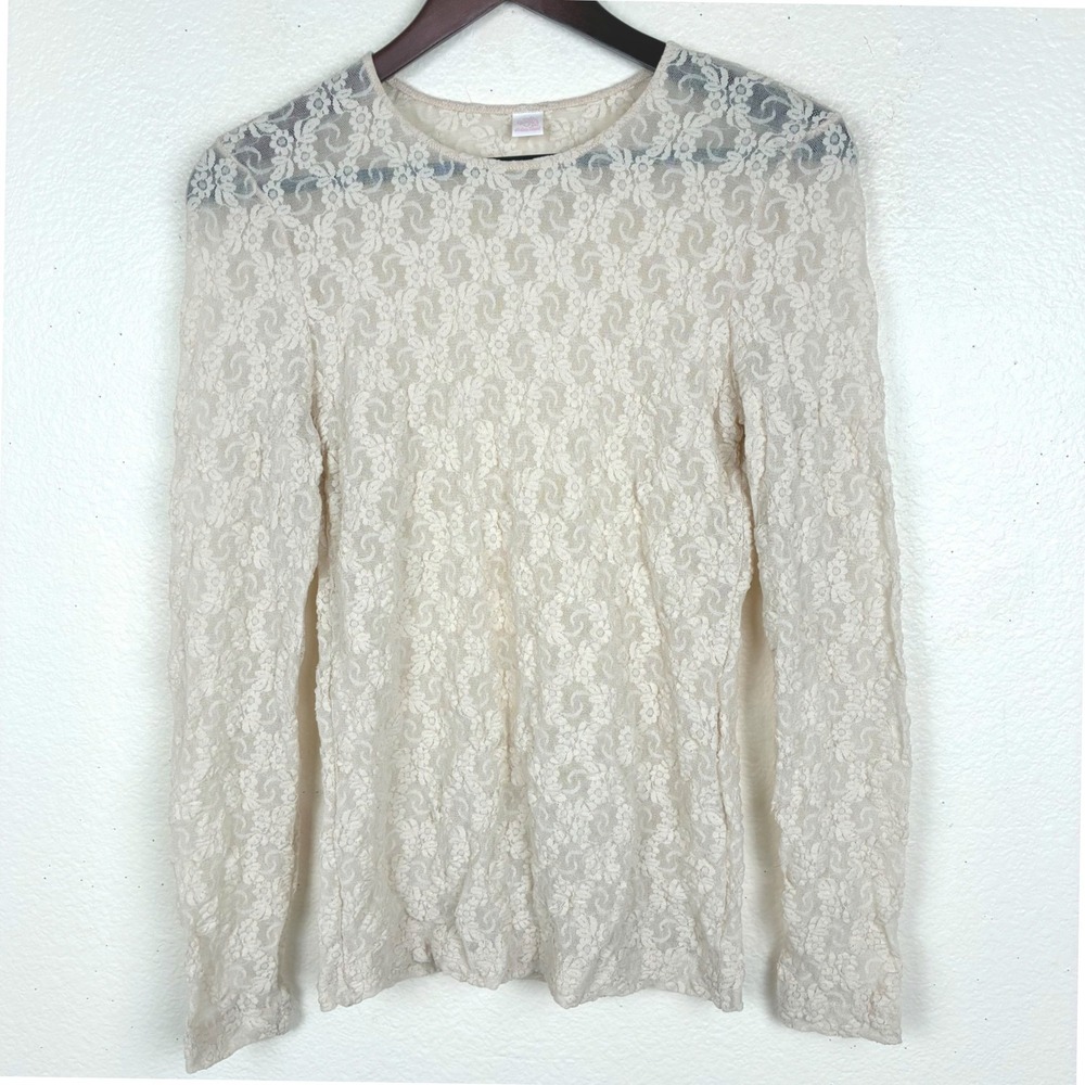 Vintage Y2K 90s Top Sz S Lace Sheer Fairy Grunge Cream Boho Cottage Stretchy
